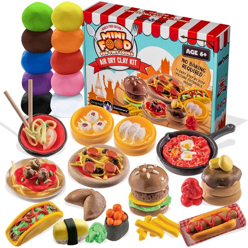 Original Stationery Mini World Food Air Dry Clay Kit, 10 Colors of Modeling Clay for Sculpting and Over 19 Pieces in this DIY Molding Clay for Kids Set to make Mini Food, Kids Arts and Crafts Ages 6-8