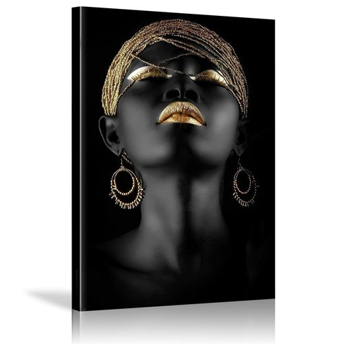 HYFBH African American Wall Art Black and Gold Women Portrait Canvas Wall Art for Living Room Bedroom African Art Wall Decor Black Art Paintings for Wall Decorations Ready to Hang 16”x24”