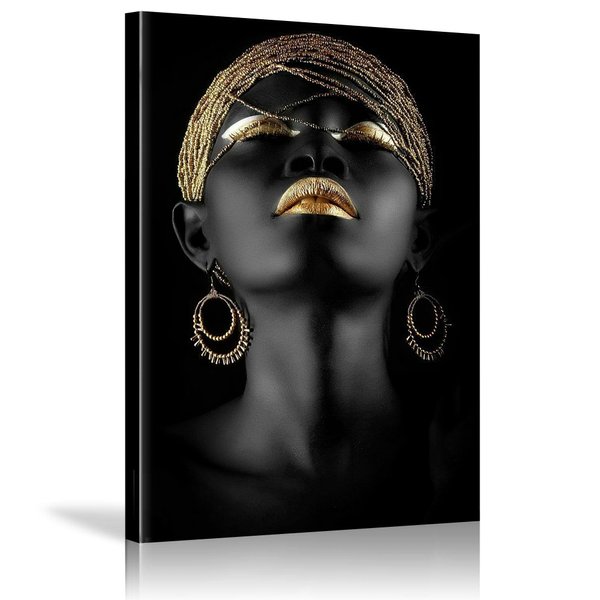 HYFBH African American Wall Art Black and Gold Women Portrait Canvas Wall Art for Living Room Bedroom African Art Wall Decor Black Art Paintings for Wall Decorations Ready to Hang 16”x24”