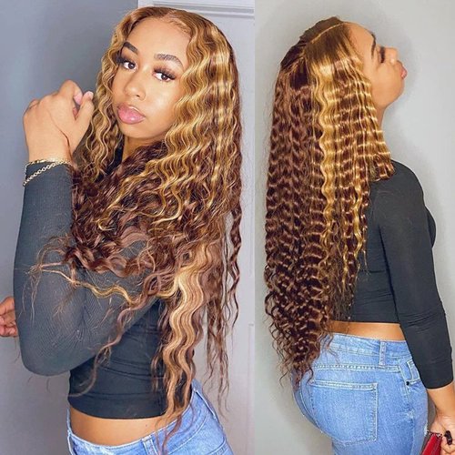 BLY Highlight Human Hair Lace Front Wigs Deep Wave #4/27 Ombre Colored Glueless Wigs Pre Plucked 22 Inch 4x4 Transparent Curly Water Wave Lace Wig Honey Blonde Real Human Hair 180% Density