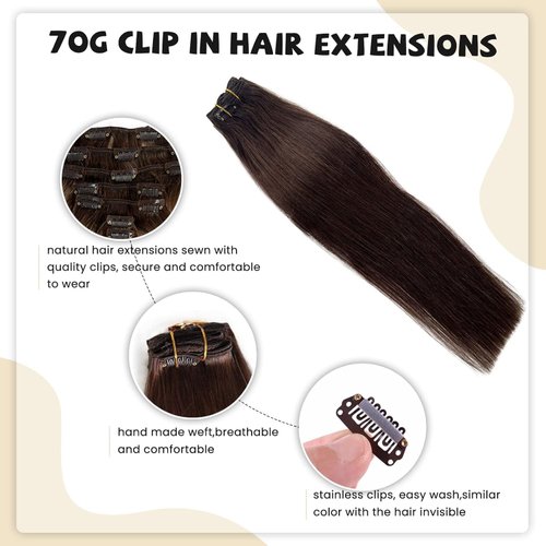 Clip in Hair Extensions Real Human Hair, Dark Brown Human Hair Clip in Extensions Straight Human Hair Clip ins Double Weft Hair Extensions Clip ins 7pcs 70g 16"
