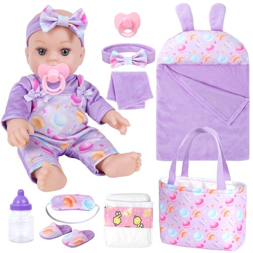 DONTNO 12 Inch Baby Doll with Sleeping Bag,Tote Bag and Bunny Theme Doll Accessories,First Baby Dolls for Toddlers 36 Months and Up
