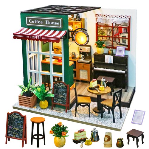 Skyfate Miniature Dollhouse Kit, DIY Afternoon Coffee Shop with LED Lights, 1:24 Scale Creative Mini House Building Kit Idea Gift for Boy Girl Women Friend Super Creator-3D Wooden Craft Mini Model Kit