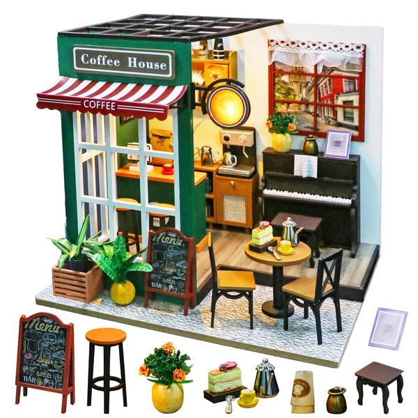 Skyfate Miniature Dollhouse Kit, DIY Afternoon Coffee Shop with LED Lights, 1:24 Scale Creative Mini House Building Kit Idea Gift for Boy Girl Women Friend Super Creator-3D Wooden Craft Mini Model Kit