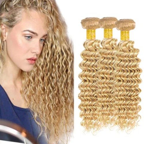 P27/613 Human Hair Bundles Blonde Bundles Human Hair Blonde Deep Wave Bundles 28 28 28 Inch Double Weft Honey Blonde Budnels Brazilian Virgin Remy Hair Extensions