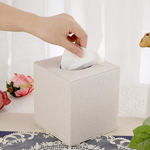 Sumnacon Square Linen Tissue Box Cover - Stylish Cube Tissue Box Holder with Magnetic Bottom, Decorative Tissue Box for Vanity Toilet Tank Dresser Night Stand Table Countertop Office Car, Beige