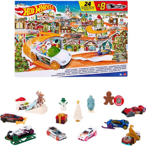 Hot Wheels Toy Car Set, 2023 Advent Calendar with 8 1:64 Scale Vehicles, 16 Accessories & Playmat for Kids & Collectors