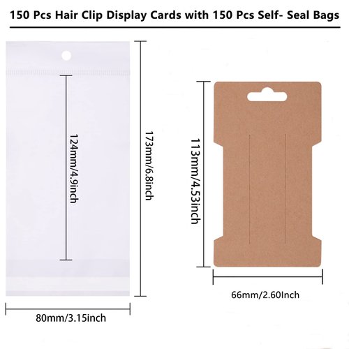 150 Pcs Hair Clip Display Cards with 150 Pcs Self- Seal Bags, Hair Bow Holder Cards Rectangular Hair Barrettes Jewelry Display Holder Brown Paper Cardboard for Hair Accessories Display and Organizing