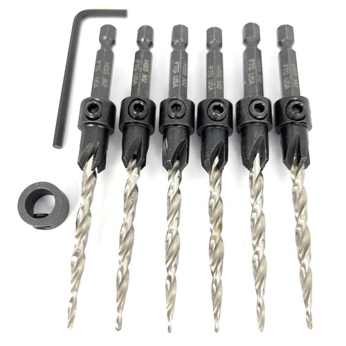 FTG USA Countersink Drill Bit Set 6 Pc #10 (3/16") Wood Countersink Drill Bit Pro Pack Countersink Set, Tapered Countersink Bit, 1 Stop Collar, Hex Wrench, Woodworking Tools