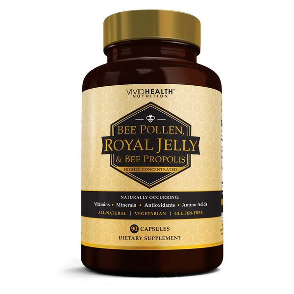 Vivid Health Nutrition Pure Royal Jelly Supplement with Bee Pollen & Bee Propolis All Natural, High Potency Superfood | 90 Vegetarian, Gluten Free Capsules