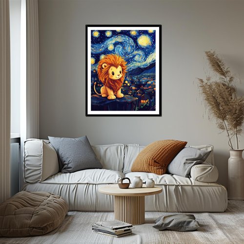 Cute Lion Acrylic Paints for Home Wall Decor, Starry Night Landscape Oil Painting Gift Acrylic Paint for Beginner, Animal DIY Painting by Numbers for Adults(16×20inch, No Frame)
