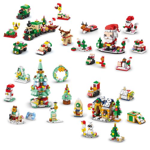 Christmas Building Toys Sets. Snow House, Train, Christmas Tree, Santa Claus, Reindeer for Sons, Grandchildren, Nieces, 24 in 4 -Building Blocks Set for Christmas, Birthday, New Year Gifts-1123 PCS