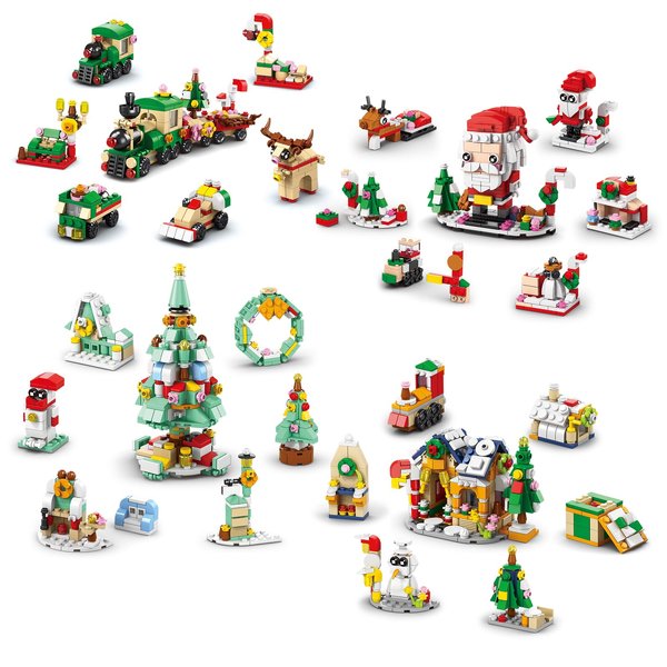 Christmas Building Toys Sets. Snow House, Train, Christmas Tree, Santa Claus, Reindeer for Sons, Grandchildren, Nieces, 24 in 4 -Building Blocks Set for Christmas, Birthday, New Year Gifts-1123 PCS