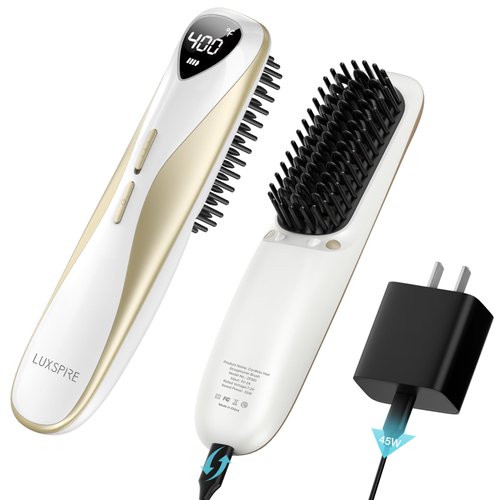 Luxspire Cordless Hair Straightener Brush, Dual Power Hair Brush Straightener with 45W Fast Charger, Straightening Brush with 6 Temps 200M Negative Ions, Portable Hair Straightener for Travel, White