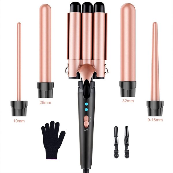 5 in 1 Curling Iron, 3 Barrel Curling Iron Set with 4 Interchangeable Ceramic Curling Wand (0.35"-1.25”), Instant Heat Up, Dual Voltage Hair Curler, 2 Temp Heating Setting