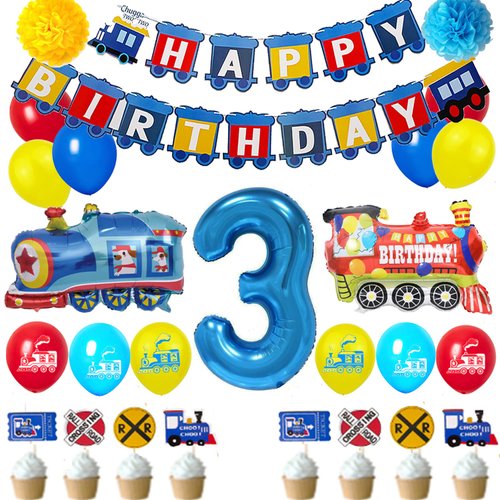 TTrain 3st Birthday Decorations Boys Train, 3 Years Old Birthday Party Supplies With Number 3 Foi...