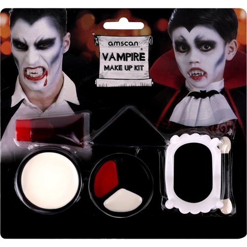 Black White Red Cream Face Body Paint Set + Halloween Vampire Teeth + Washable Fake Blood, Body Painting Kit for Halloween Clown Makeup, Cosplay, Costume, SFX Special Effect, Theme Parties