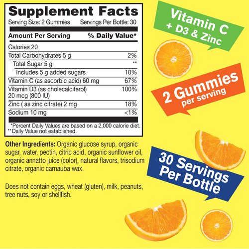 WellYeah Organic Vitamin C + D3 + Zinc Gummies - Immune Boosting, Antioxidant-Rich, and Bone Health Supporting, USDA Organic, Vegan, and Non-GMO - Gluten-Free, Nut-Free Gummy - 60 Count