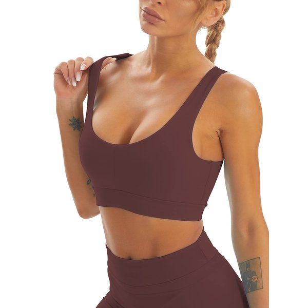 TomTiger Women Sports Bra High Impact with Removable Padded Activewear Tank Tops for Yoga Workout Fitness (Coffee, M)