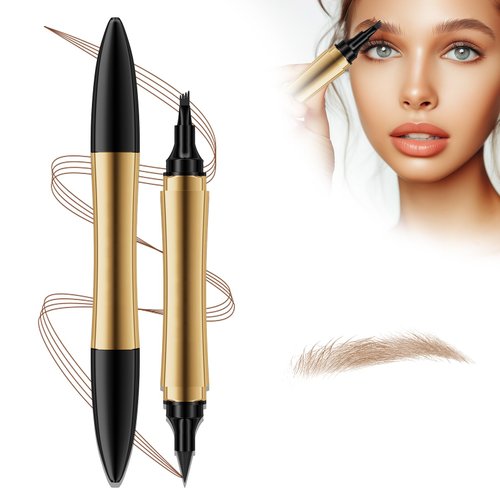 2 in 1 Magic Eyebrow Pencil, 3D Microblading Eyebrow Tattoo Pencil 4 Fork Tip with Eyeliner, Multifunction Double Head Contouring Pen Waterproof Makeup Tools for Natural Eyebrow Makeup (Light Brown)