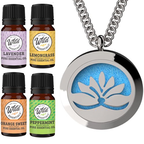 Wild Essentials Open Lotus Flower Necklace Essential Oil Diffuser Kit, Lavender, Lemongrass, Peppermint, Orange Oils, 12 Refill Pads, Aromatherapy Gift Set, Customizable Color Changing, Perfume