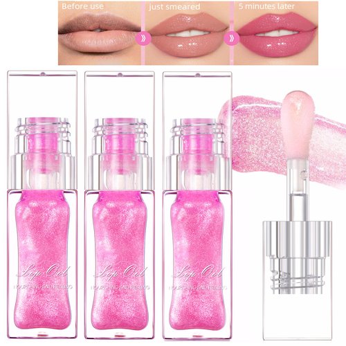 3PCS Color Changing Lip Oil Moisturizing Big Brush Lip Glow Oil Hydrating Glimmer Glow Lipstick Smooth Non-Sticky Lip Gloss Lip Balm