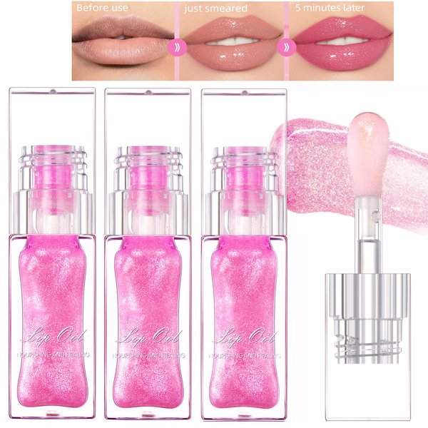 3PCS Color Changing Lip Oil Moisturizing Big Brush Lip Glow Oil Hydrating Glimmer Glow Lipstick Smooth Non-Sticky Lip Gloss Lip Balm