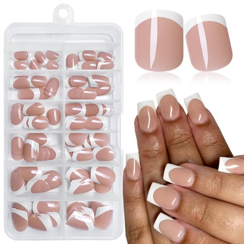 AddFavor French Tip Press on Nails Short Square Fake Nails, 120pcs/pack White French Nails Press on Brown Nude Nails Acrylic False Nails with Adhesive Tabs for Women