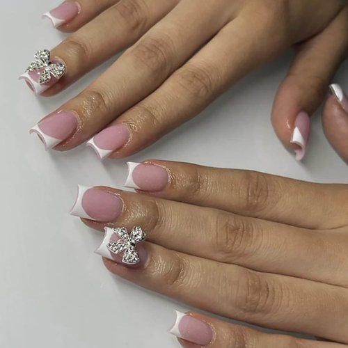 24 Pcs French Tip Press on Nails Short Length Reusable Nude Fake Nails with Charms Alloy Bow False Nails Square Shape Full Cover French Acrylic Nails Glue on Nails for Women Girls DIY Nail Decoration