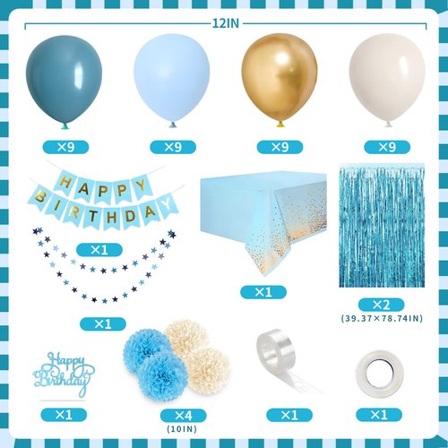 Blue Birthday Decorations for Boys Girls,Light Blue Birthday Party Decorations,Blue Fringe Curtain Happy Birthday Banner Tablecloth Paper Pom Poms Blue Sand White Gold Balloons (Blue Birthday Kit 1)