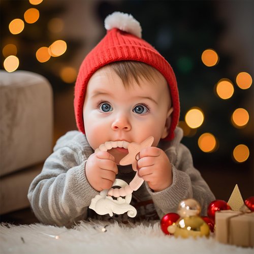 Eoopoon Silicone Teething Ring Toy, Baby Teether Toys with Rattles, BPA Free Sensory Chew Toys for Babies 3-6-12 Months to Soothe Sore Gums, Great Shower, Christmas Gift(Blush)