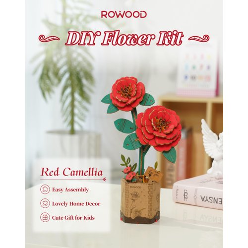rowood 3D Puzzle Artifical Flower,DIY Wooden Flower Craft Kit for Kids,Mother's Day/Valentine's Day/Teacher's Day/Thanksgiving Day/Christmas/Birthday Gift for Mom/Women/Grandma/Wife/Her-Red Camellia