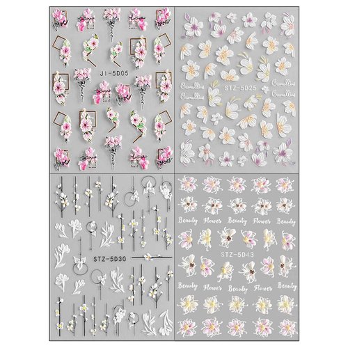 3D Embossed Flower Nail Art Stickers Decals Self-Adhesive Pegatinas Uñas 5D Floral Nail Supplies Nail Art Design Decoration Accessories 4 Sheets