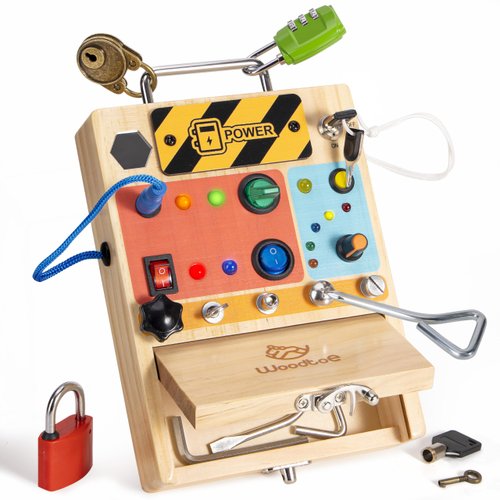 Woodtoe 3-in-1 Busy Board with Led Light Switch, Montessori Toddler Screwdriver Board, Sensory Lock and Key Toys, Educational Fine Motor Skills Travel Toys for Toddlers Boys and Girls 3 4 5 Year Old
