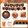 136 PCS Basketball Plates Tableware Set Basketball Birthday Party Decorations Sports Theme Party Supplies for Boys Kids Serves 24
