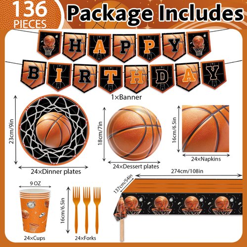 136 PCS Basketball Plates Tableware Set Basketball Birthday Party Decorations Sports Theme Party Supplies for Boys Kids Serves 24