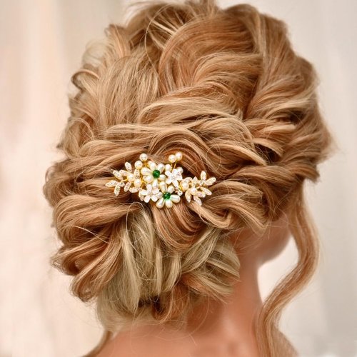 Heread Pearl Bride Wedding Hair Clip Gold Rhinestones Bridal Hair Pieces Flower Hair Barrette Acc...