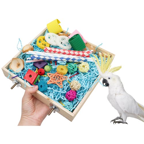 Jinkoozz Bird Foraging Toys Box, Wooden Parrot Shredding Toys Box, Bird Chewing Toys, Birdcage Accessories, Suitable for Small Birds Parakeets Cockatiels Love Birds Conures
