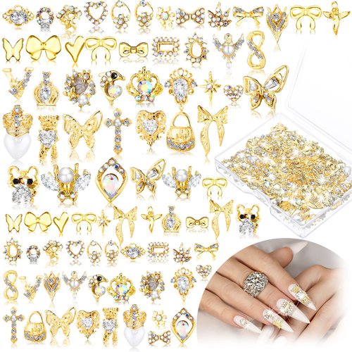 100 Pcs Gold Nail Charms for Acrylic Nails Gold Nail Rhinestones 3D Nail Charms Heart Nail Gems L...