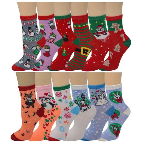 Ayla 12 Pairs Pack Kids Girls Colorful Creative Fun Novelty Design Crew Socks (4-6, Christmas)