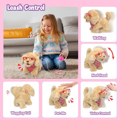 YH YUHUNG Walking Dog Toy for Kids with Leash, Remote Control Toy Puppy That Can Walks, Barks, Feeds, Sits Down and Wag Its TaiI, Interactive Golden Retriever Stuffed Dog for Kids 3+ Years Old