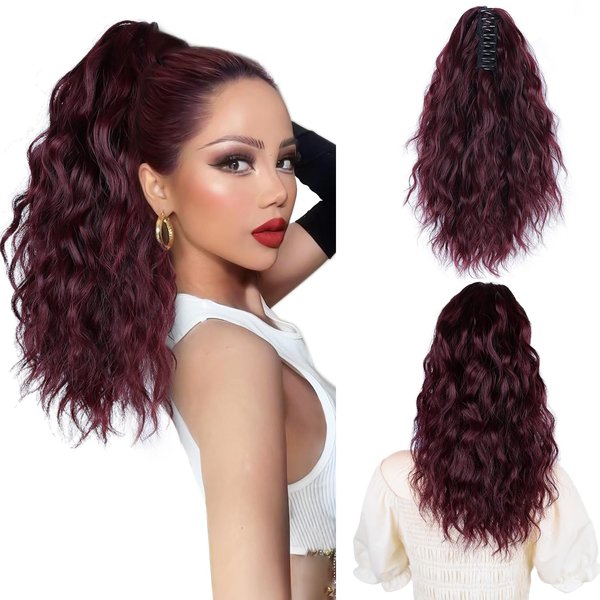 MAYSA Burgundy Clip in Ponytail Hair Extension, 14in Claw Clip in Ponytail Extension, Curly Clip in Claw Ponytail Hair Extensions for Women #Dark Burgundy