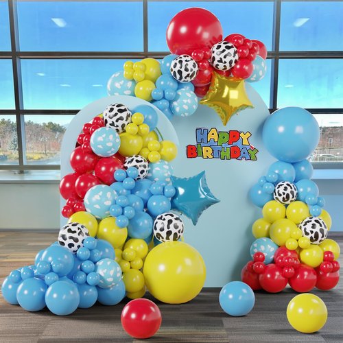 BlissBash Primary Color Balloon Arch Garland Kit for Toy Themed Birthday Party Decorations and Boy Baby Shower - Red, Blue, Yellow Balloons with Cow Print, Cloud Print and Star Balloons
