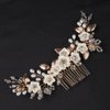 Teyglen Flower Bride Wedding Hair Comb Bridal Crystal Hair Comb Gold Leaf Pearls Headpieces for Bride Crystal Beads Side Hair Comb Handmade Hair Pieces Hair Accessories for Women Flower Girls