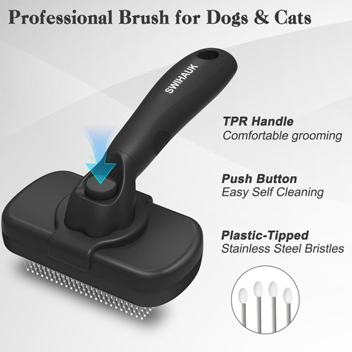 Swihauk Self Cleaning Slicker Brush for Dogs & Cats, Skin Friendly Grooming Cat Brush, Dog Brush for Shedding, Deshedding Brush, Hair Brush Puppy Brush for Haired Dogs, Pet Supplies Accessories, Black