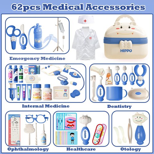 RedCrab Kids Medical Kit 60+pcs, Cute Hippo Dentist Role Players with Clothes, Toddler Preschool Pretend Doctor Playset with Carry Case, Medical Playset for 3-8 Boys and Girls (Blue)