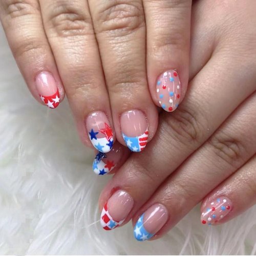 4th of July Press on Nails French Tips Almond Shaped Fake Nails Stars Cherry Designs Independence Day Patriotic False Nails Pink Glossy Artificial Stick Glue on Nails for Women Girls 24 Pcs