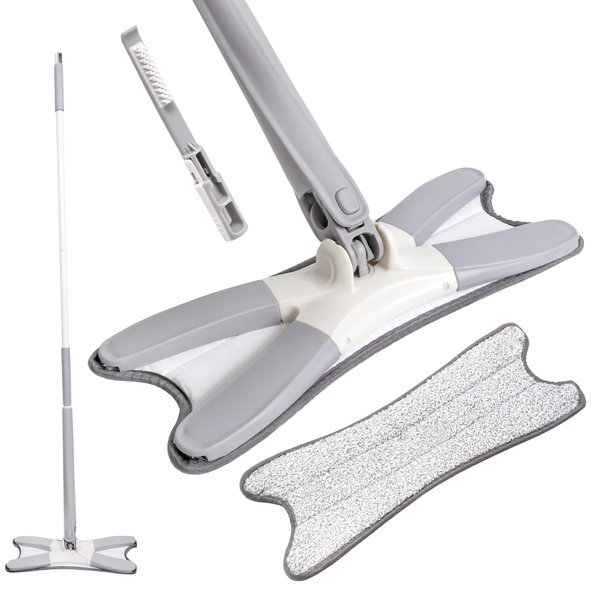 eXo Mop Microfiber Mop for Floor Cleaning with Self Wringing Wet Drop Mopping Head for Dust and Dirt, Gentle on Hardwood, Tile, Marble, and Linoleum, Washable Reusable Pad