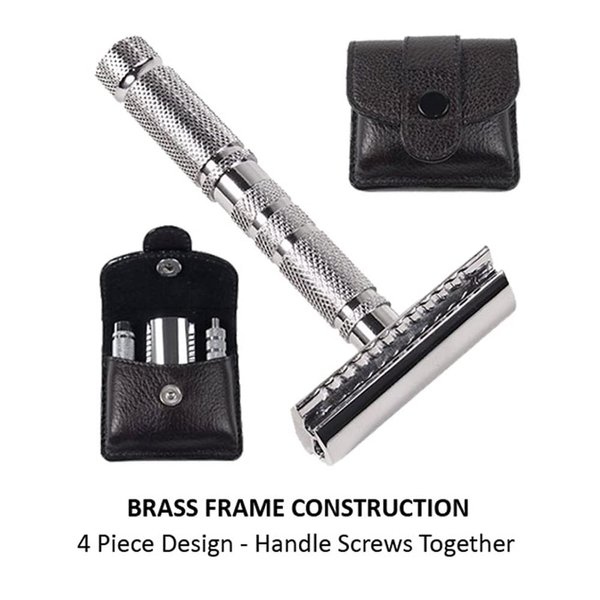 Parker 4 Piece Travel Safety Razor & Leather Case - A great Travel Safety Razor that is also excellent for Everyday Use!