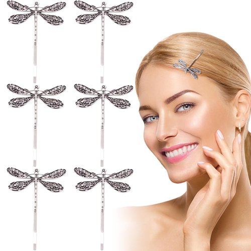 HINZIC 6Pcs Dragonfly Hair Clips, Silver Wedding Bobby Pins Vintage Hair Pins Prom Christmas Birthday Party Decorative Styling Accessories for Women Girls Bride